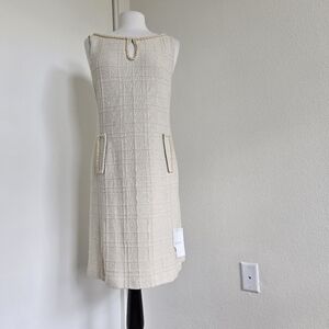 NWT St. John Couture Tweed  Shift Dress Beads Details Cream size 10